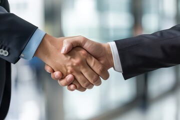 Aufkleber - Business professionals engaging in a handshake during a meeting in a modern office setting to celebrate a successful partnership