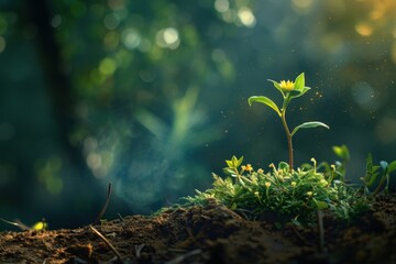 Poster - Newly sprouted plant reaching for sunlight in a lush forest setting during early morning