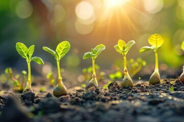 Poster - Newly sprouted plant reaching for sunlight in a lush forest setting during early morning