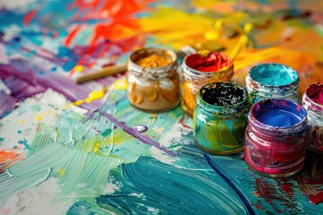 Aufkleber - Vibrant brushes resting on a colorful palette filled with a variety of paint colors ready for artistic expression and creativity in a studio setting