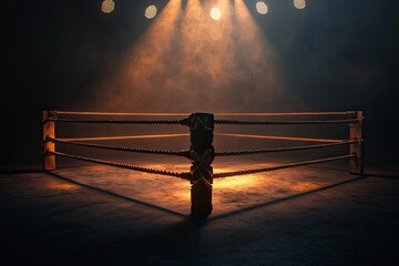 Wall Mural - a dimly spotlit corner of a boxing ring surrounded by ropes on a dark isolated background - 3d rende