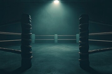 Wall Mural - a dimly spotlit corner of a boxing ring surrounded by ropes on a dark isolated background - 3d rende
