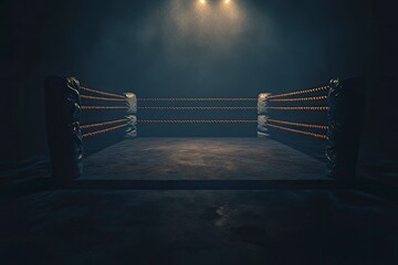 Wall Mural - a dimly spotlit corner of a boxing ring surrounded by ropes on a dark isolated background - 3d rende