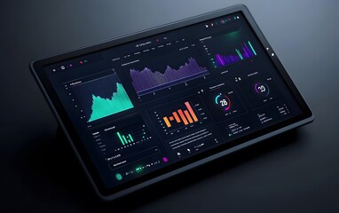 Poster - a modern tablet displaying dynamic data visualizations and graphs on a dark background, perfect for 