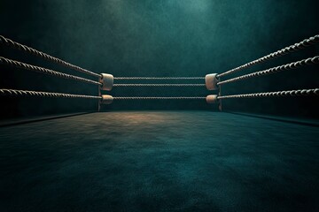 Wall Mural - A dimly spotlit corner of a boxing ring surrounded by ropes on a dark isolated background - 3D render 