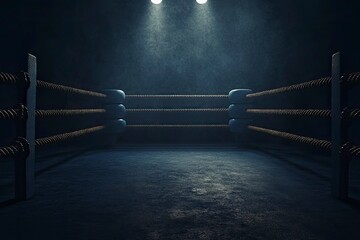 Poster - A dimly spotlit corner of a boxing ring surrounded by ropes on a dark isolated background - 3D render 