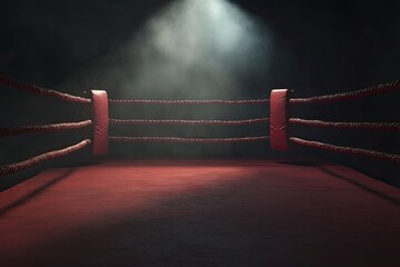 Wall Mural - a dimly spotlit corner of a boxing ring surrounded by ropes on a dark isolated background - 3d rende