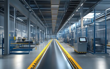 Poster - A spacious modern warehouse with a conveyor belt system, showcasing efficient design and advanced technology for logistics and manufacturing operations.