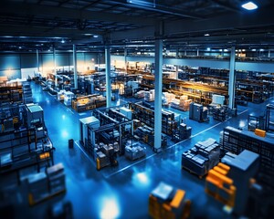 Poster - A spacious and modern warehouse filled with neatly organized shelves and boxes, showcasing efficient logistics and product management in a vibrant industrial setting.