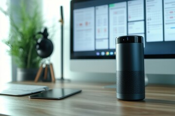 Fototapete - Modern workspace featuring a smart speaker and computer monitor in a stylish office setup