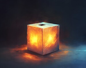 Poster - A visually striking cube with warm lighting emanating from its core, set against a dark background. Perfect for use in design projects focusing on modern aesthetics.