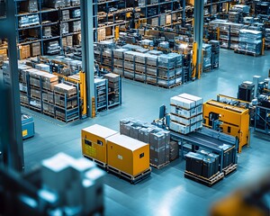 Poster - Aerial view of a modern warehouse showcasing organized storage, pallets of goods, and industrial equipment, representing efficiency and streamlined logistics in supply chain manage