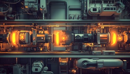 Poster - An intricate close-up of mechanical machinery showcasing advanced technology and engineering. The glowing components highlight innovation and modern industry practices.