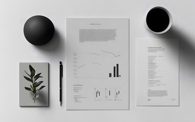 Poster - An overhead view of a modern workspace featuring graphs, documents, a pen, a plant, and a coffee cup, ideal for corporate presentations or productivity themes.