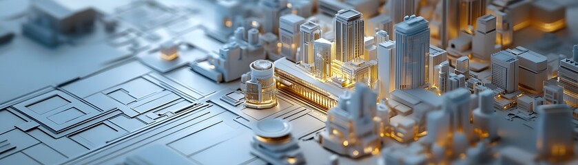 Poster - An intricate model of a modern cityscape, showcasing detailed architecture with illuminated structures, perfect for representations of urban development and architectural innovatio
