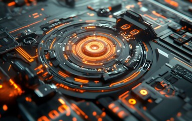 Poster - Close-up view of a futuristic circuit board design featuring glowing orange patterns and intricate details. Ideal for showcasing advancements in technology and digital innovation.