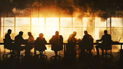 Poster - Silhouetted businesspeople in meeting, city view