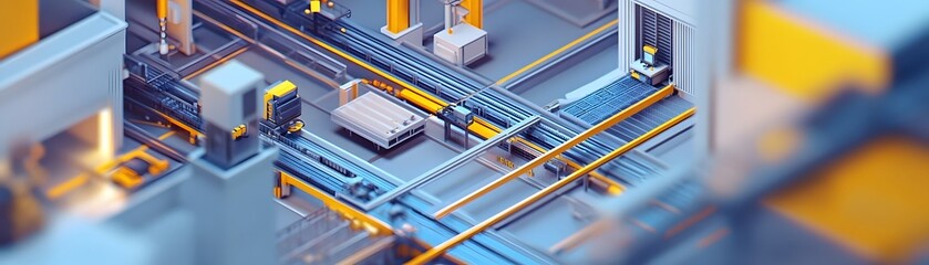 Poster - High-tech industrial facility showcasing advanced machinery and automation. Aerial view of conveyors and robotic systems in a modern manufacturing environment.