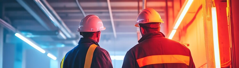 Poster - Two workers in safety helmets and uniforms observe their surroundings in a vibrant, illuminated industrial setting, emphasizing teamwork and safety in the workplace.