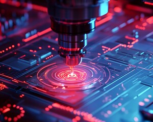Poster - A close-up of a laser engraving machine working on a printed circuit board. The intricate design is illuminated with vivid red lights, showcasing advanced technology in action.