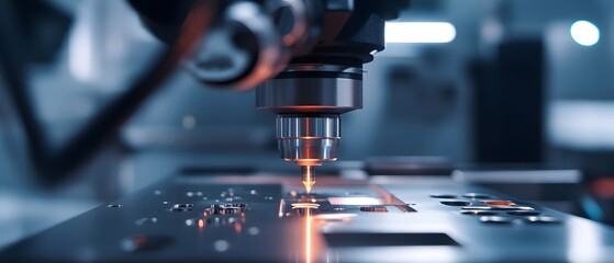 Poster - A close-up view of a precision laser cutting machine in operation, showcasing fine details and sparks