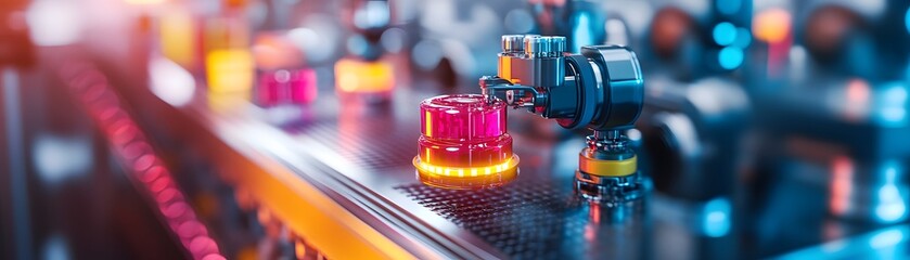 Poster - a close-up view of a modern industrial robot interacting with vibrant lights and colorful components