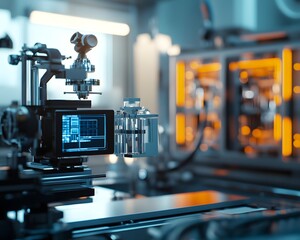 Poster - A close-up view of advanced machinery in a modern laboratory, featuring sophisticated equipment and screens displaying intricate data, showcasing innovation and precision in techno