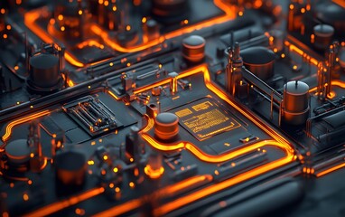 Poster - A close-up view of futuristic circuit board with glowing orange details. This intricate design showcases technology's elegance, ideal for digital and tech-related projects.
