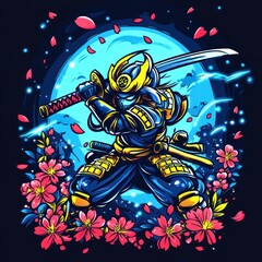 Wall Mural - A vibrant samurai warrior poised with a sword amidst colorful flowers and a moonlit backdrop.