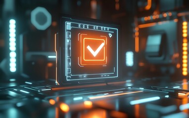 Poster - A futuristic digital display showcasing a glowing checkmark icon. The intricate circuitry and vibrant lighting create a sense of advanced technology and innovation.