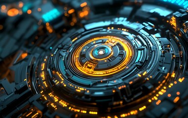 Poster - A futuristic digital interface featuring intricate circular patterns and glowing elements in bright orange and blue hues, showcasing advanced technology and innovation.