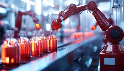 Poster - A high-tech industrial setting showcasing a robotic arm efficiently filling bottles with red liquid on a conveyor belt, representing modernization in manufacturing processes.