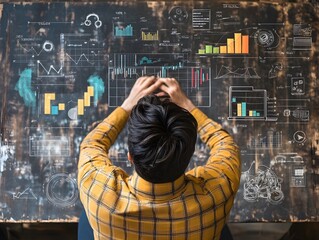 Poster - A man in a yellow checked shirt analyzes complex data visualizations on a large board. The scene represents the intersection of technology and modern business strategies.