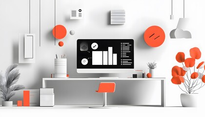 Poster - A modern and minimalistic office workspace featuring stylish decor, vibrant orange accents, and a sleek computer monitor displaying business analytics and graphs.
