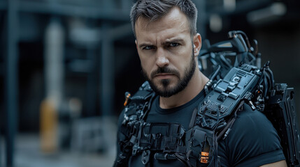 Poster - A man in a black shirt and backpack is standing in front of a wall