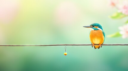 Poster -   A vibrant bird perched on a branch with a droplet on its beak, amidst a hazy pink flower backdrop