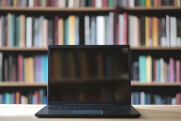 Poster - Laptop on desk in front of a bookshelf filled with colorful books in a quiet study area