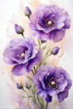 Floral arrangement of delicate purple eustoma flowers with a watercolor background.