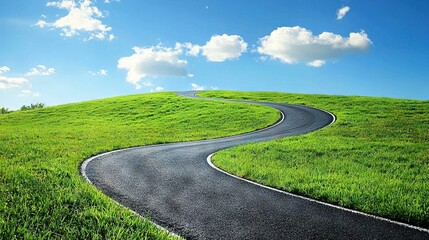 Wall Mural -   A road curves through a green field, leading to a blue sky and cloud-filled horizon