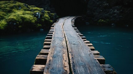 Wall Mural -   A wooden bridge, with green moss on its sides, spans a body of water In the background, you see a reflection of the same bridge, with green moss growing on