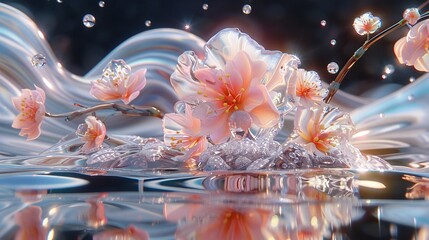 Wall Mural -   A field of blooming flowers bobbing atop a serene lake, surrounded by glistening water droplets against a midnight backdrop