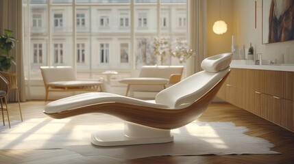 Wall Mural - Modern wooden and white chaise lounge in a bright living room.