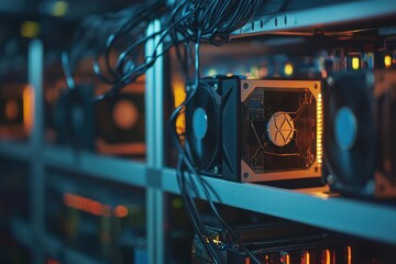 Poster - Multiple mining rigs with glowing lights in a high-tech data center at night