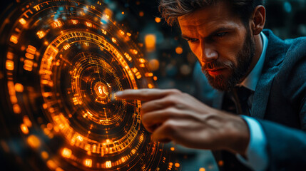Poster - businessman engages with high-tech virtual time management interface, enhancing work efficiency and 