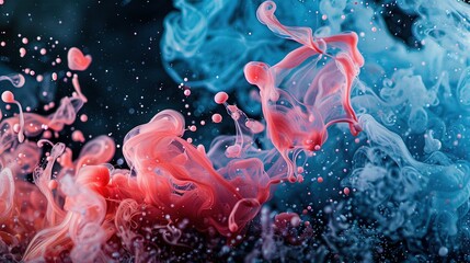 Wall Mural -   A cluster of red and blue smoke drifting above a reddish-blue liquid water surface