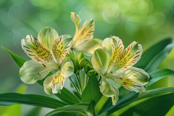 Wall Mural - floral green background. alstroemeria flowers close up. nature.