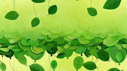 Wall Mural -   A vibrant yellow canvas features airborne green leaves against a lush green backdrop