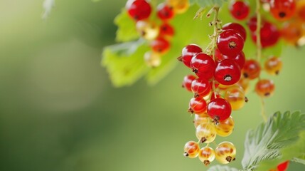 Poster -   A cluster of vibrant red and yellow berries dangle from a lush green leafy stem amidst a sea of verdant foliage