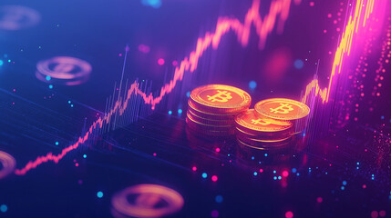 Leinwandbilder - Golden coins and upward graphs glowing on a dark blue abstract background. Perfect for financial, business, and investment themes.
