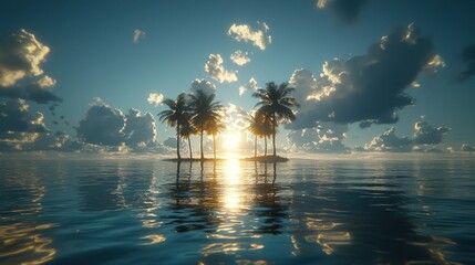 Wall Mural - Palm trees on island at sunset with cloudy sky reflection.